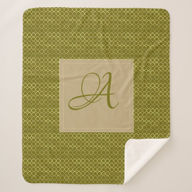 Monogram Green Gold Quatrefoil Newlyweds Wedding Sherpa Blanket (Front)