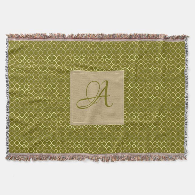 Monogram Green Gold Quatrefoil Newlyweds Wedding Throw Blanket (Front)