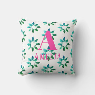 Monogram Green Hot Pink Retro Floral Watercolor Cushion