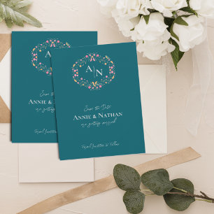 Monogram Green Intricate Floral Frame Wedding Announcement
