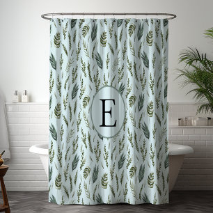 Monogram Green Leaves Botanical Pattern Shower Curtain