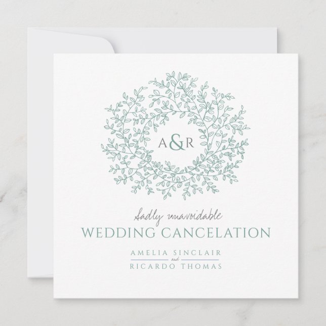Monogram green leaves wedding cancellation announcement (Front)