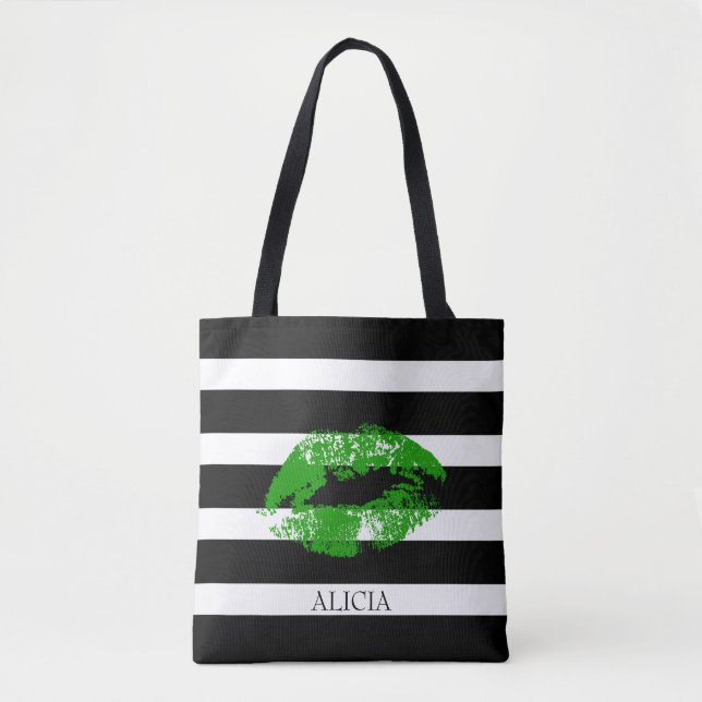Monogram Green Lips And Black White Stripes Tote Bag (Front)