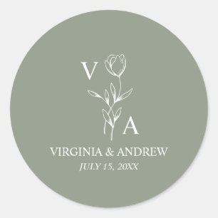Monogram Green Minimalist Boho Wedding Classic Round Sticker
