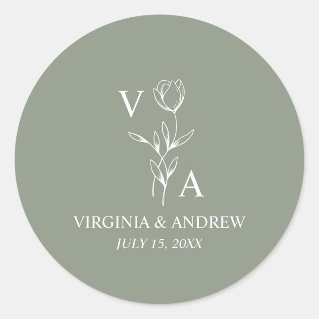 Monogram Green Minimalist Boho Wedding Classic Round Sticker (Front)