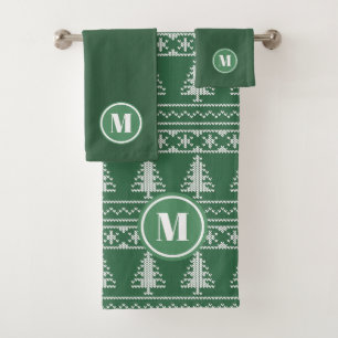 Monogram Green Nordic Knit Christmas Bath Towel Set