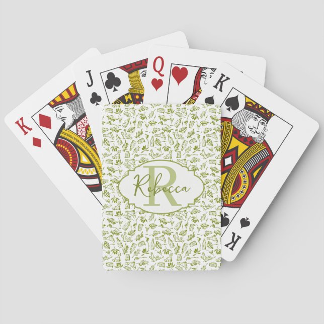 Monogram Green Olive Leaf Mediterranean Pattern Playing Cards (Back)