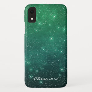 Monogram Green Ombre Sparkle Stars Midnight Sky iPhone XR Case