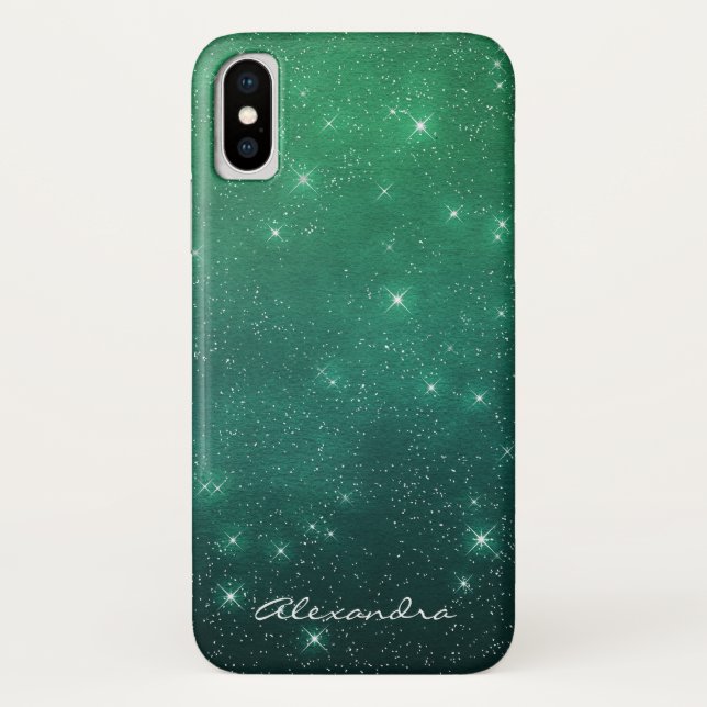 Monogram Green Ombre Sparkle Stars Midnight Sky Case-Mate iPhone Case (Back)