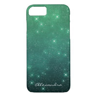 Monogram Green Ombre Sparkle Stars Midnight Sky