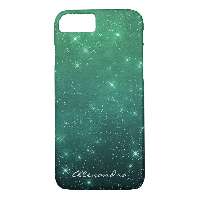 Monogram Green Ombre Sparkle Stars Midnight Sky Case-Mate iPhone Case (Back)