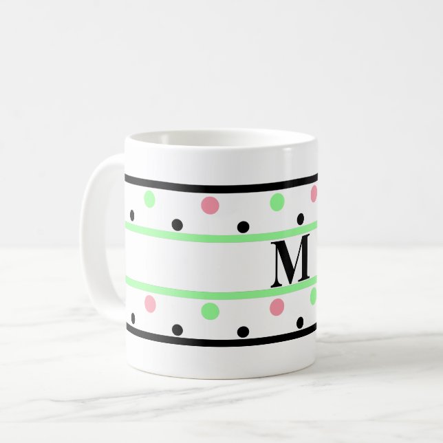 Monogram Green Pink Polka Dots Coffee Mug (Front Left)