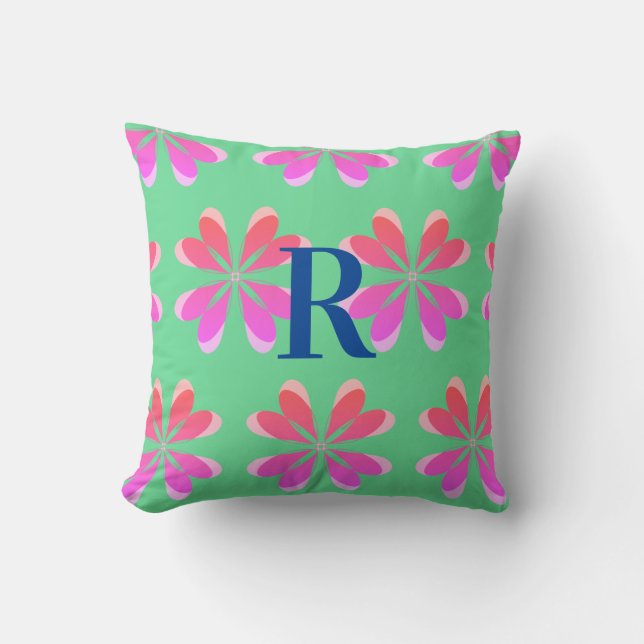 Monogram green pink retro floral cushion (Front)