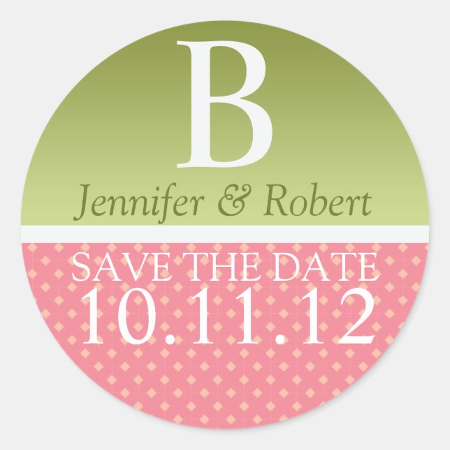 Monogram Green Pink Wedding Save The Date Classic Round Sticker (Front)