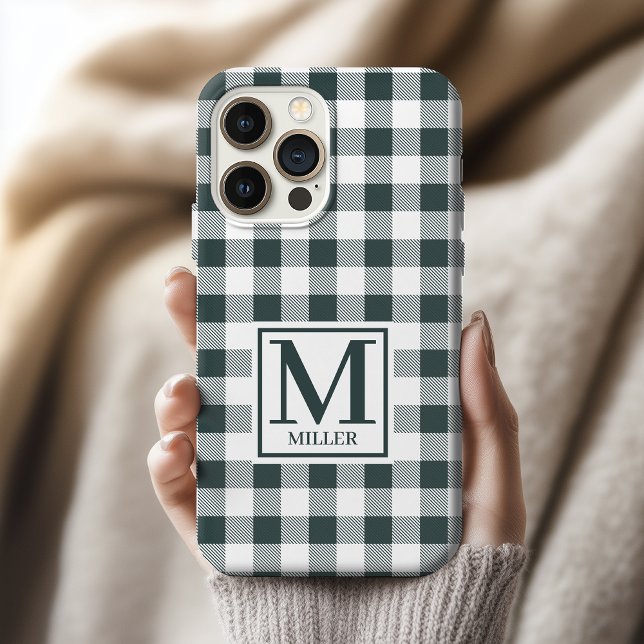 Monogram Green Plaid Phone Case Gift for Besties (Green Checkered Custom Phone Case for Mom or Grandma, Custom Name Phone Case Graduation Gift for Her)
