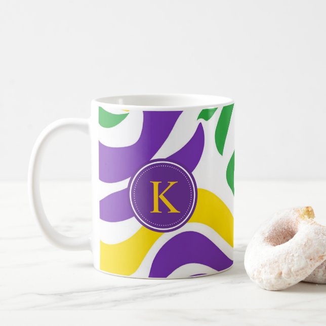 Monogram Green Purple Yellow Mardi Gras Pattern Coffee Mug (With Donut)