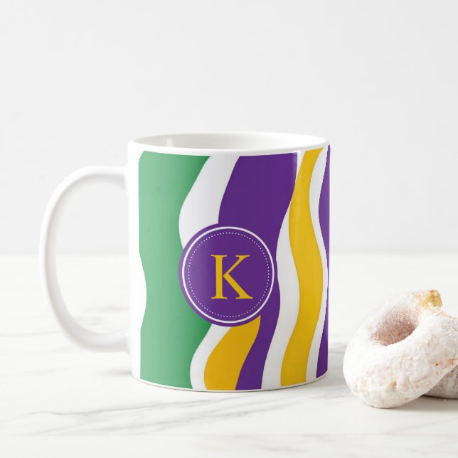 Monogram Green Purple Yellow Mardi Gras Pattern Coffee Mug (With Donut)