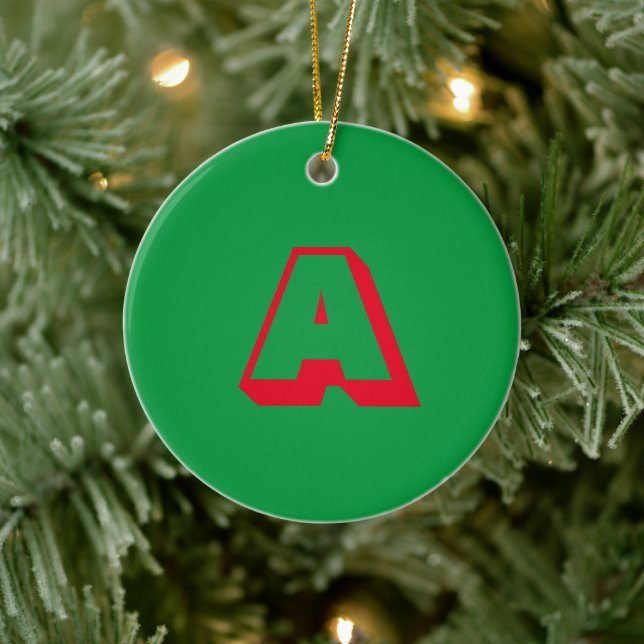 Monogram green red custom initial Christmas Ceramic Ornament (Tree)