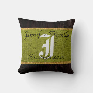 Monogram Green Rustic Burlap Linen Wood Look Cushion