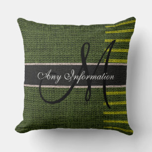 Monogram Green Stripes Burlap Rustic Jute Cushion