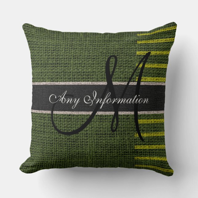 Monogram Green Stripes Burlap Rustic Jute Cushion (Front)