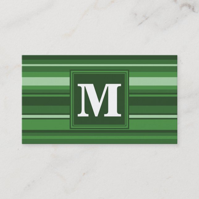 Monogram green stripes business card (Front)