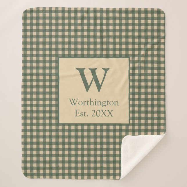 Monogram Green Tan Beige Buffalo Plaid Country   Sherpa Blanket (Front)