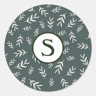Monogram Green Traditional Pine Needles Holiday Classic Round Sticker