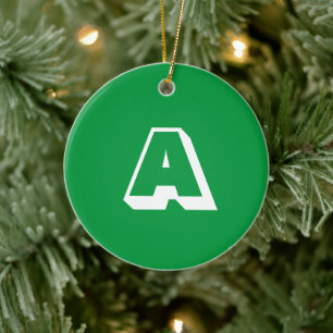 Monogram green white custom initial Christmas Ceramic Ornament