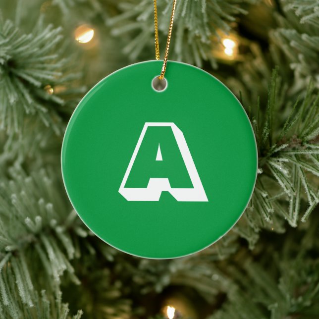 Monogram green white custom initial Christmas Ceramic Ornament (Tree)