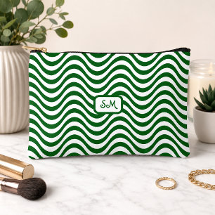 Monogram Green White Wavy Stripe Retro Chic Accessory Pouch