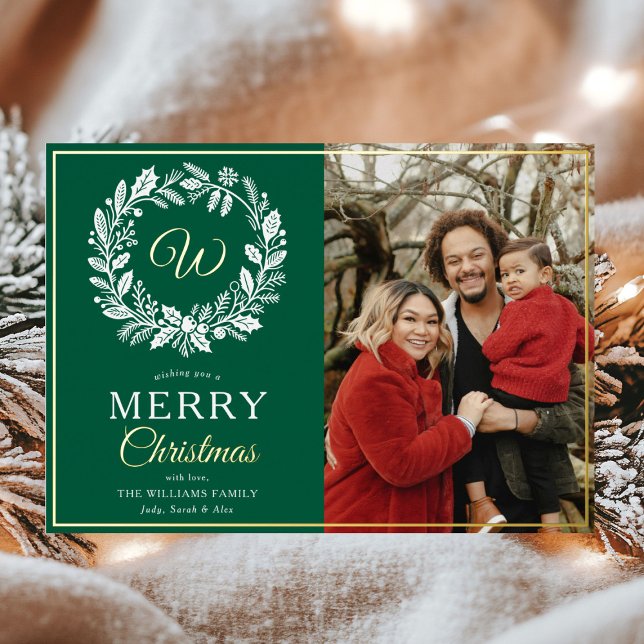 Monogram Green Wreath Merry Christmas Photo Foil Holiday Card (Creator Uploaded)