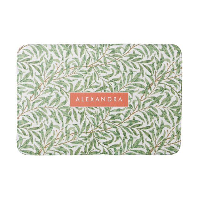 Monogram Greenery Botanical Pattern Green Orange Bath Mat (Front)