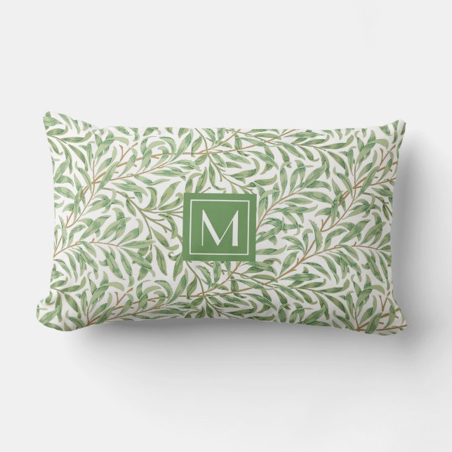 Monogram Greenery Botanical Pattern William Morris Lumbar Cushion (Front)