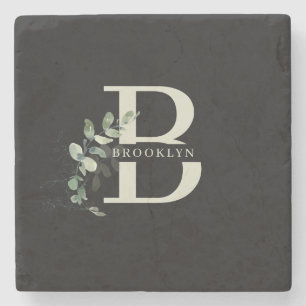 Monogram Greenery Dark Grey Stone Coaster
