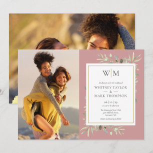 Monogram Greenery Dusty Rose Photo Wedding Invitation