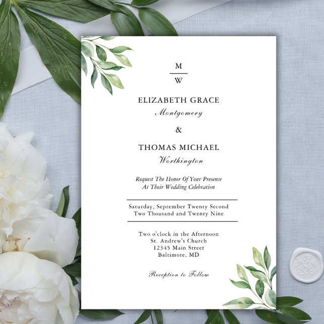 Monogram Greenery Elegant Modern Formal Wedding Invitation (Monogram Greenery Elegant Modern Wedding Invitation)