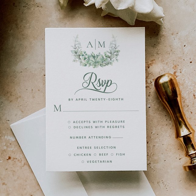 Monogram Greenery Elegant Wedding RSVP Card (Creator Uploaded)