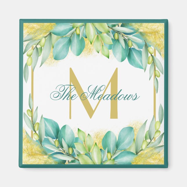 Monogram Greenery Eucalyptus Leaves Olive Branches Magnet (Front)