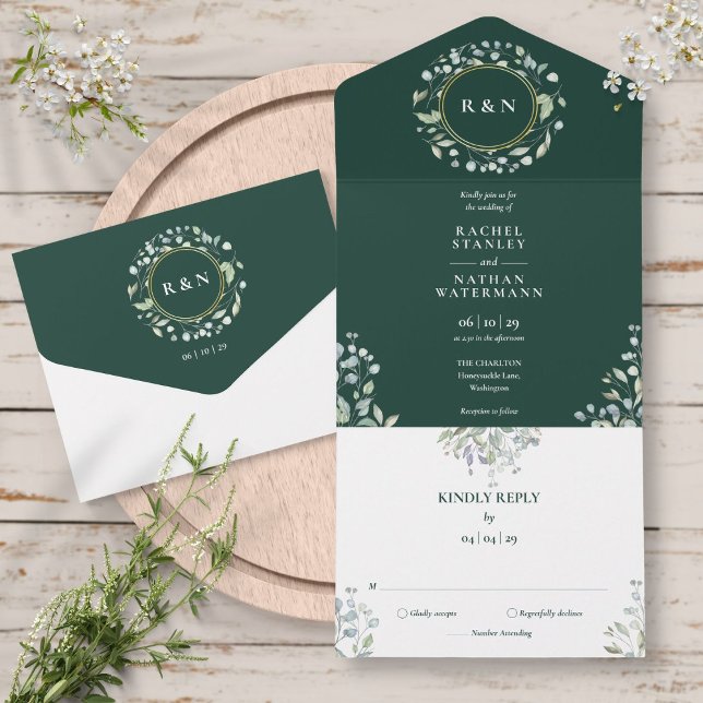 Monogram Greenery Floral Emerald Green Wedding All In One Invitation (Monogram Greenery Floral Emerald Green Wedding All In One Invitation)