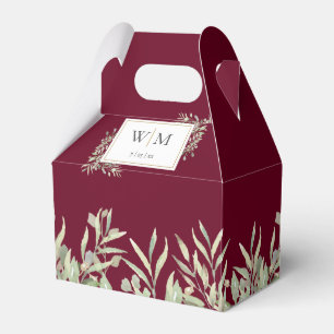 Monogram Greenery Foliage Burgundy Wedding Favour Box