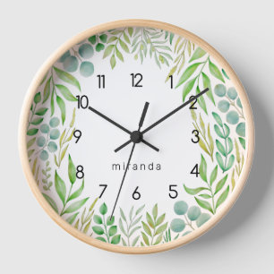 Monogram Greenery Foliage Watercolor Botanical Clock