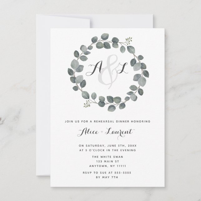 Monogram Greenery Rehearsal Dinner Invitations (Front)