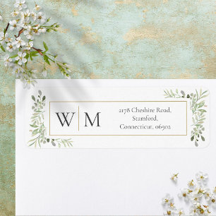 Monogram Greenery Watercolor Foliage Address Return Address Label