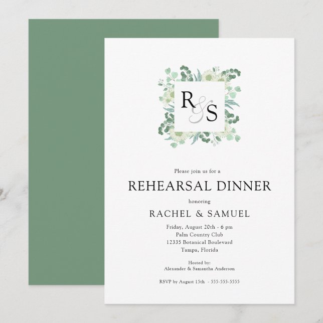 Monogram Greenery Wedding Rehearsal Dinner Invitation (Front/Back)