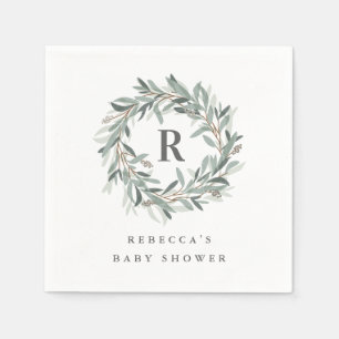 Monogram Greenery Wreath Baby Shower Napkin