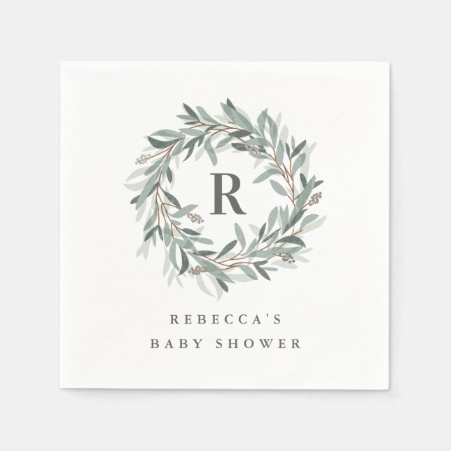 Monogram Greenery Wreath Baby Shower Napkin (Front)