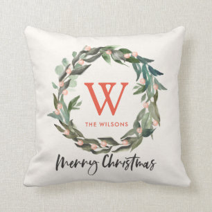Monogram Greenery Wreath Christmas Holiday Cushion