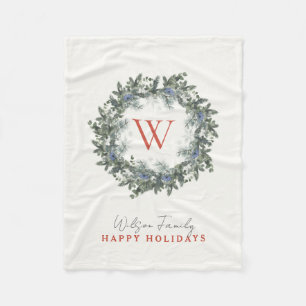 Monogram Greenery Wreath Christmas Holiday Fleece Blanket