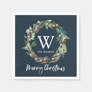 Monogram Greenery Wreath Christmas Holiday Navy Napkin